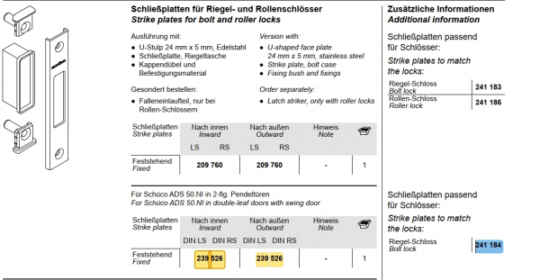 Schüco Schließplatten für Riegel- und Rollenschlösser, 239 526, ADS HD