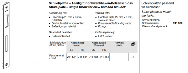 Schüco Schließplatte–1-teilig für Schwenkhaken-Bolzenschloss, 241 584, für Schüco ADS 65.NI