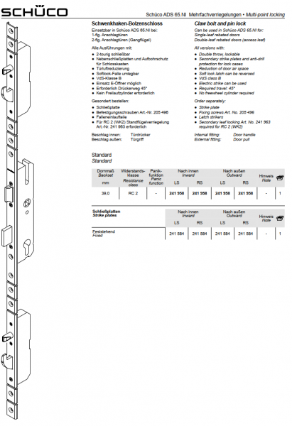 Schüco Schwenkhaken-Bolzenschloss, 241 958, ADS 65.NI