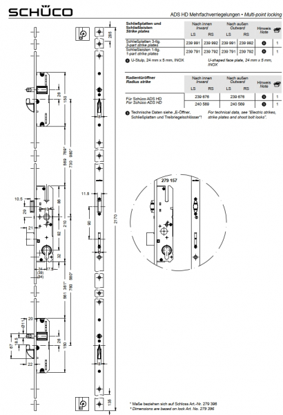 Schüco Schwenkhaken-Bolzenschloss, 279 396 , RS/LS, ADS HD Mehrfachverriegelungen​