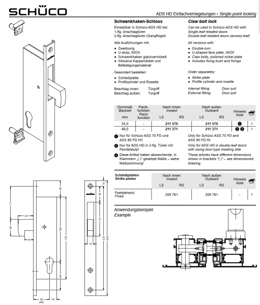 Schüco Schwenkhaken-Schloss, 211 371, L/R, ADS HD Einfachverriegelungen
