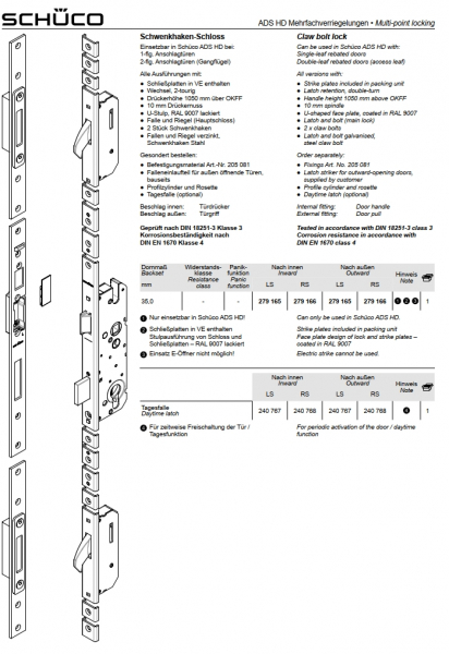 Schüco Schwenkhaken-Schloss, 279 166, RS, ADS HD Mehrfachverriegelungen​