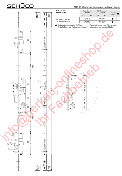 Schüco, Schwenkriegel-Bolzenschloss, Mehrfachverriegelung, 241497, Dornmaß 54,0 mm