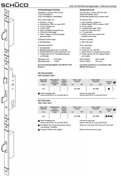Schüco Schwenkriegel-Schloss, 211 397, RS/LS, ADS HD Mehrfachverriegelungen​