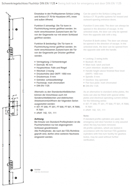Schüco Schwenkriegelschloss Fluchttür DIN EN 1125, 25874400