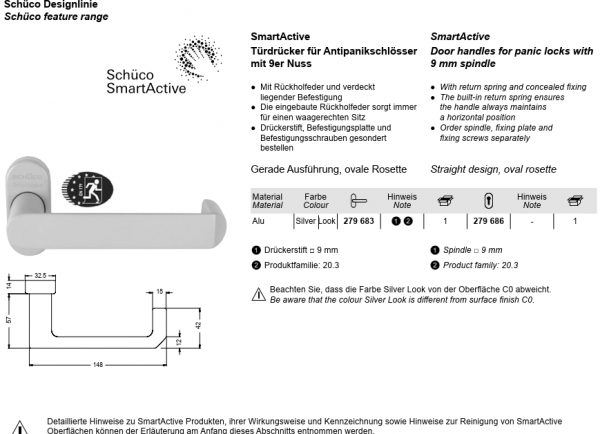 Schüco SmartActive, 279681, Türdrücker gerade Ausführung, ovale Rosette für Rohrrahmentüren und Türschlössern mit 10er Nuss