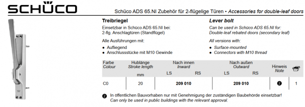 Schüco Treibriegel aufliegend Farbe CO, 239 344, ADS 65.NI Zubehör