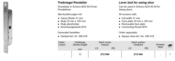 Schüco Treibriegel Pendeltür, 213 044, ADS 65.NI Zubehör