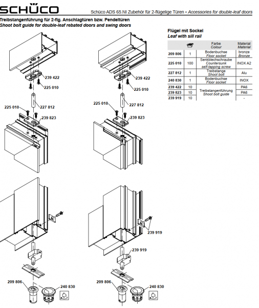 Schüco Treibstangenführung für 2-flg. Anschlagtüren bzw. Pendeltüren, 209 806, 227 812, 240 830, 239 823, 219 919, ADS 65.NI Zubehör