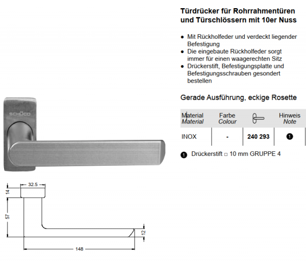 Schüco Türdrücker / Türgriff, gerade. 240293, 24029300, (Edelstahl)