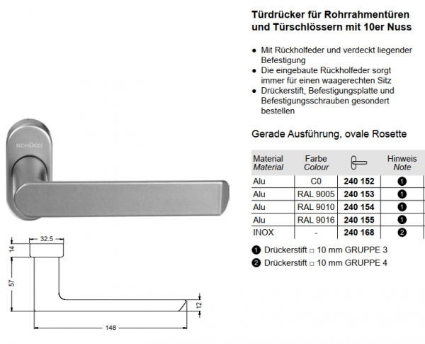 Schüco Türdrücker | Türgriff gerade in RAL 9010 Reinweiß, 240154