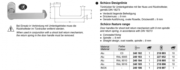 Schüco Türdrücker für Umlenkgetriebe mit 9er Nuss, ADS Antipanik-Einfachverriegelungen, 241 184, Farbe RAL 9010