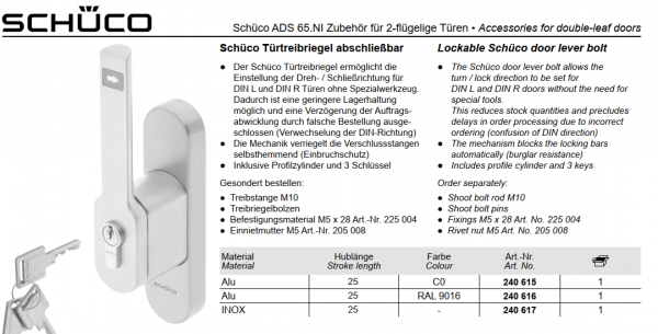 Schüco Türtreibriegel abschließbar, Alu, Farbe CO, 240 615, ADS 65.NI Zubehör