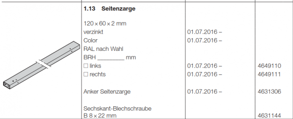 Hörmann Seitenzarge rechts 120 × 60 × 2 mm Color, Doppelgaragen-Schwingtor N 500, 4649111