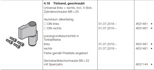 Hörmann Türband geschraubt Universal links + rechts, für Doppelgaragen-Schwingtor N 500, 4631461