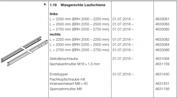 Hörmann waagerechte Laufschiene links L = 2500 mm Doppelgaragen-Schwingtor N 500, 4633083