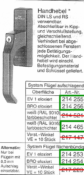 Schüco Handhebel abschließbar EV1 (Silber) Getriebegriff / Handhebel (abschließbar), 214255