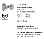 Schüco Jansen Edelstahl-Türknopf matt, fest, mit Innengewinde M12, gekröpft, Artikelnummer 555.590, Janisol HI Türen